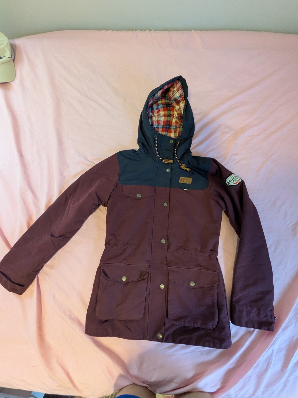 Picture OrganicInsulated Maroon & Navy Women's Ski Jacket with Plaid Hood Lining